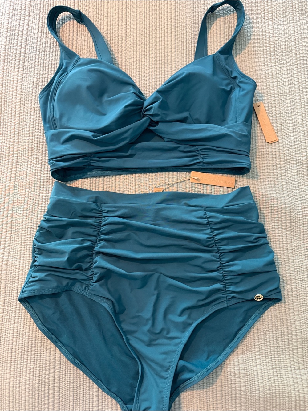 Twist-Front High-Waist Bikini Set in Teal Blue